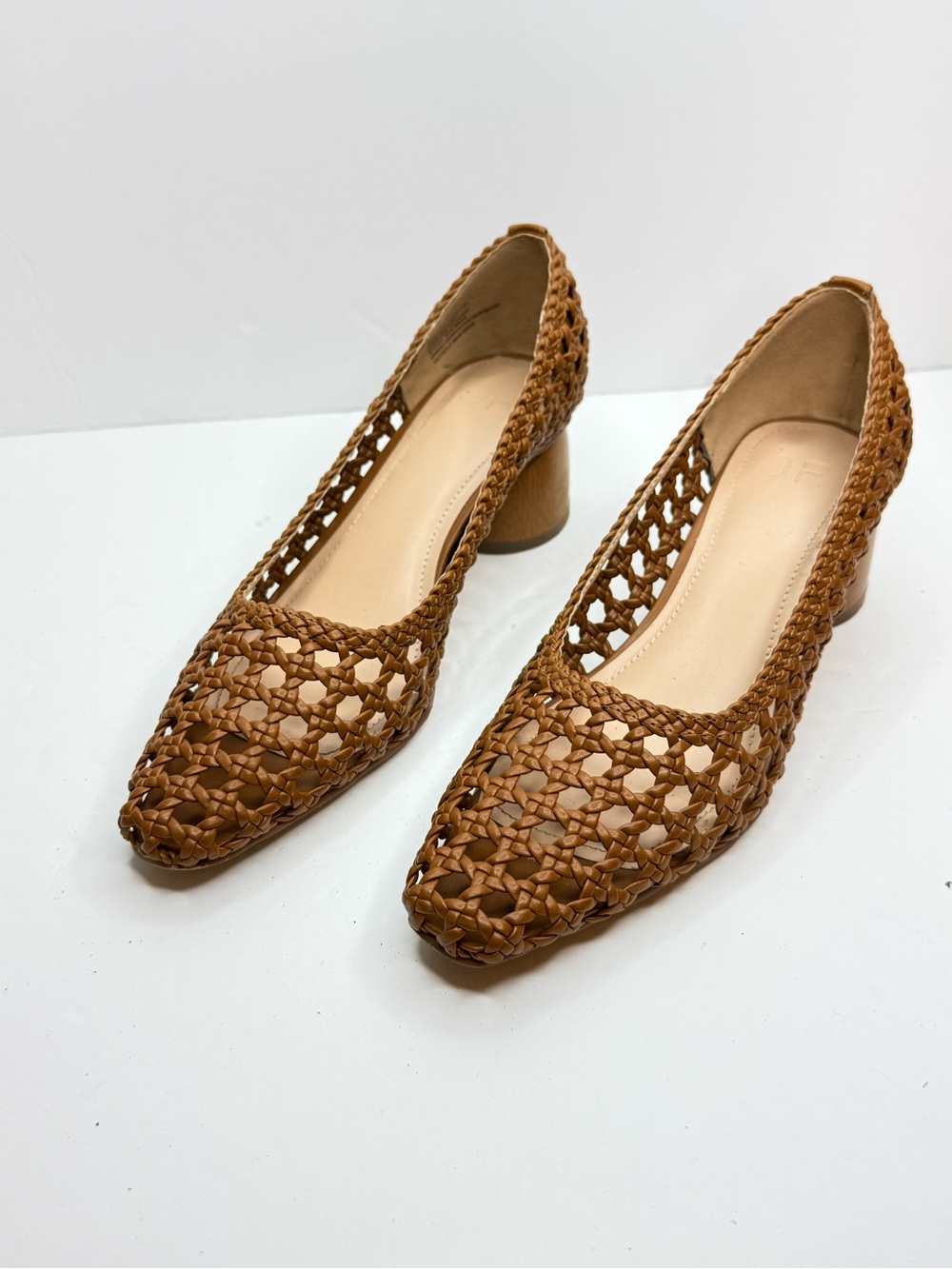 JustFab Woven Tan Block Heel Pumps